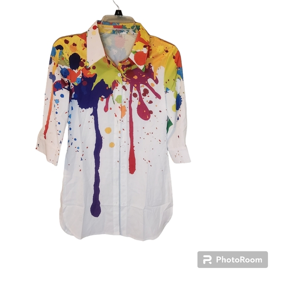 Splatter colored blouse. White background with green, purple, & orange. - Picture 1 of 11